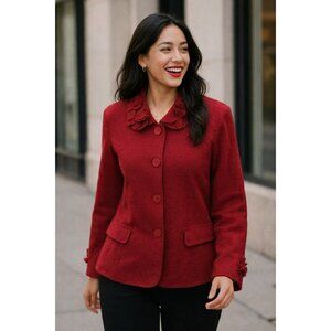 Susan Bristol Red Wool Button-Up Jacket With Floral Collar & Cuffs Womens XL